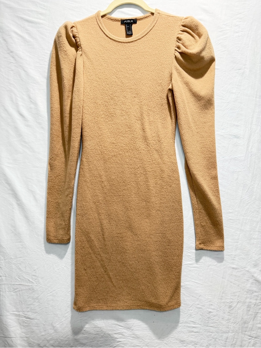 Public Desire Camel Puff-Sleeve Long Sleeve Knit Dress